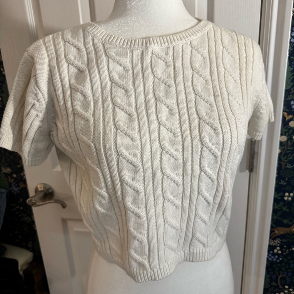 Elegant Cable Knit Short Sleeve Sweater - White​